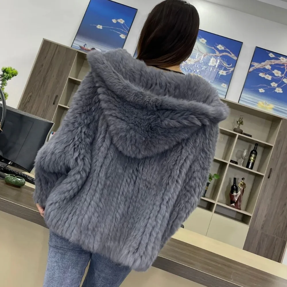 100% Natural Real Rabbit Thick Fur Coat Fur Warm Jacket Loose - Picture 3 of 4